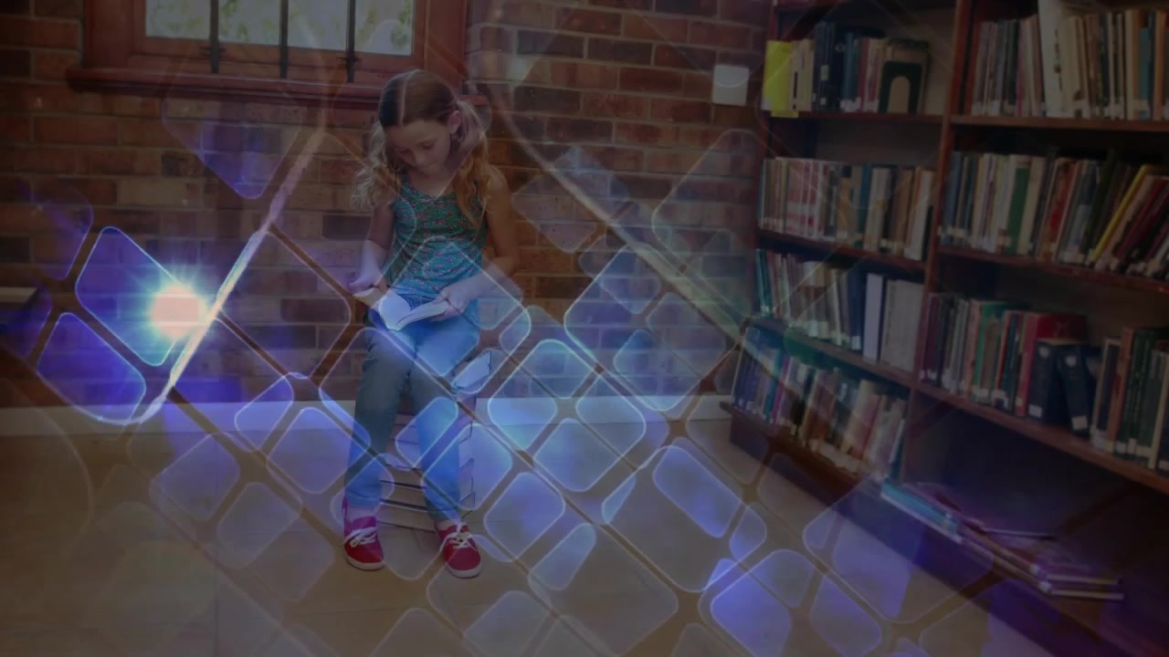 Digital overlay glitching revealing library nook while girl selecting book and reading for study