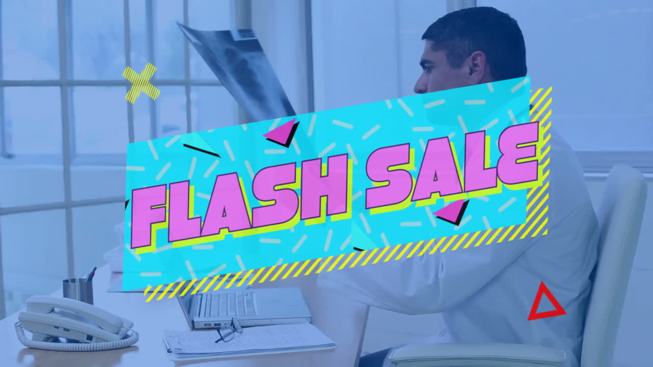 Examining X-ray, doctor focused on work with Flash Sale text animation overlay