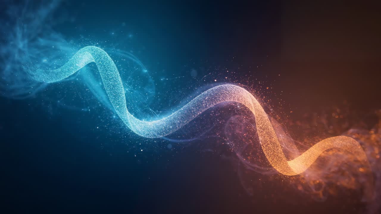 Entering left, particle ribbon twisting in studio, sending sparks and blending blue and orange