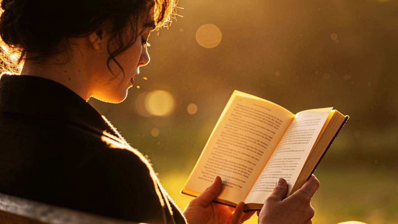 Una donna che legge, con una giacca scura, sistema un libro tascabile su una panchina di legno in un parco, mentre il sole retroillumina i granelli di polvere.