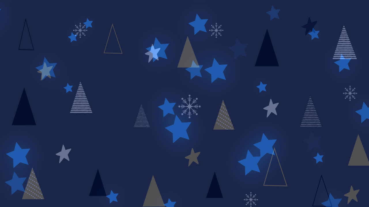 animación digital de estrellas brillantes que se mueven contra varios árboles de navidad en fondo azul