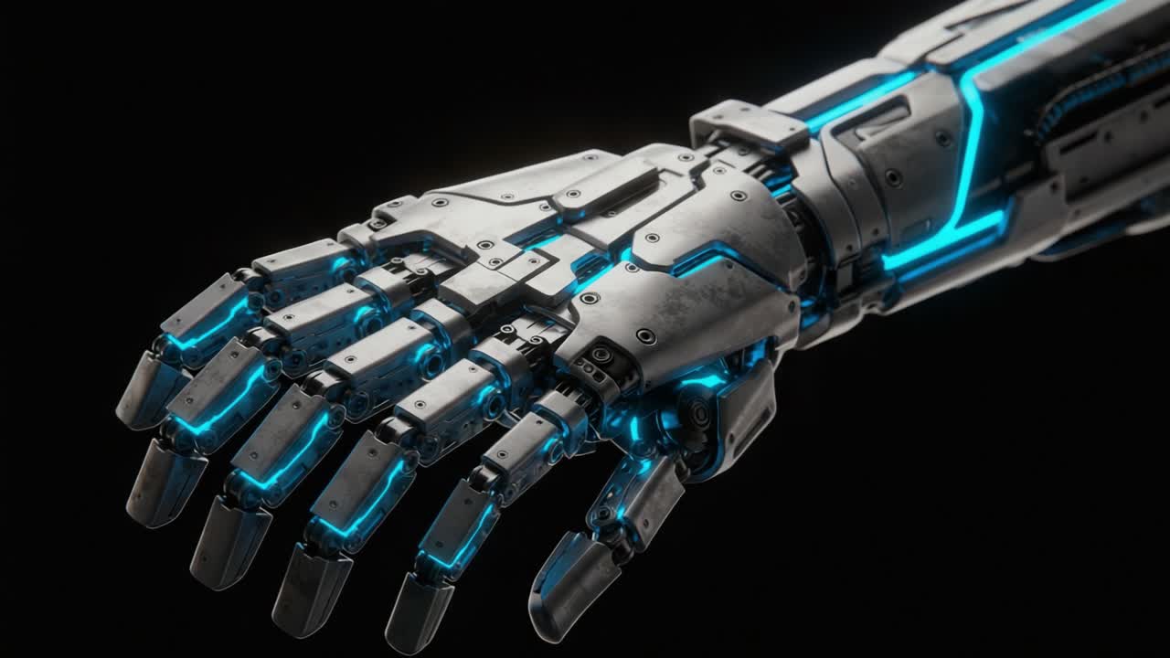 A Close-Up View of an Advanced Robotic Hand with Futuristic Design and Glowing Elements Capturing the Intersection of Technology and Human-Like Form