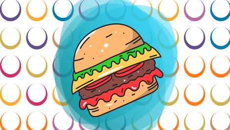 animation of cheeseburger on blue shape over colourful rings on white background