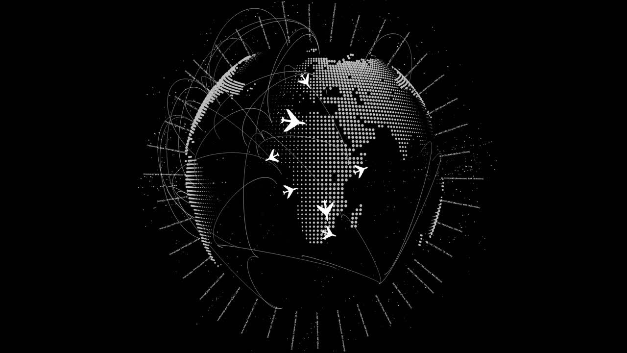 Dynamic animation of international flight routes and aviation logistics. Ideal for global business, travel industry, and supply chain concepts
