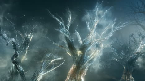ethereal glowing crystal trees in a mystical forest