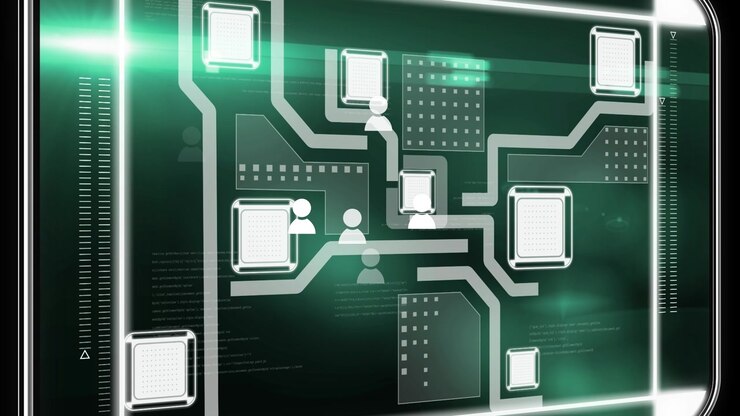 Animation of data processing and media icons on black background