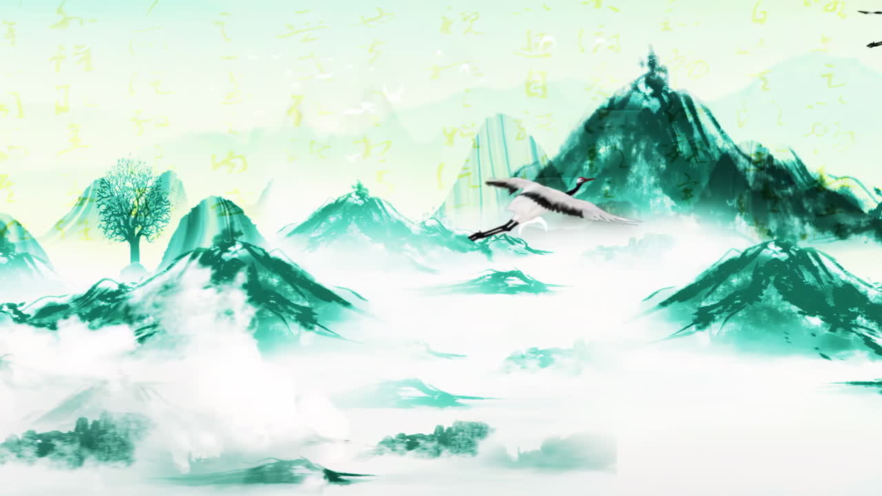 Serene Chinese Ink Wash Landscape with Misty Mountains and Flying Cranes