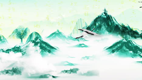 serene chinese ink wash landscape with misty mountains and flying cranes