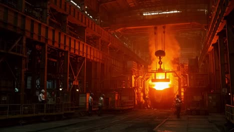 working in a steel mill during late-night shift with molten metal pouring and bright orange glow illuminating the factory