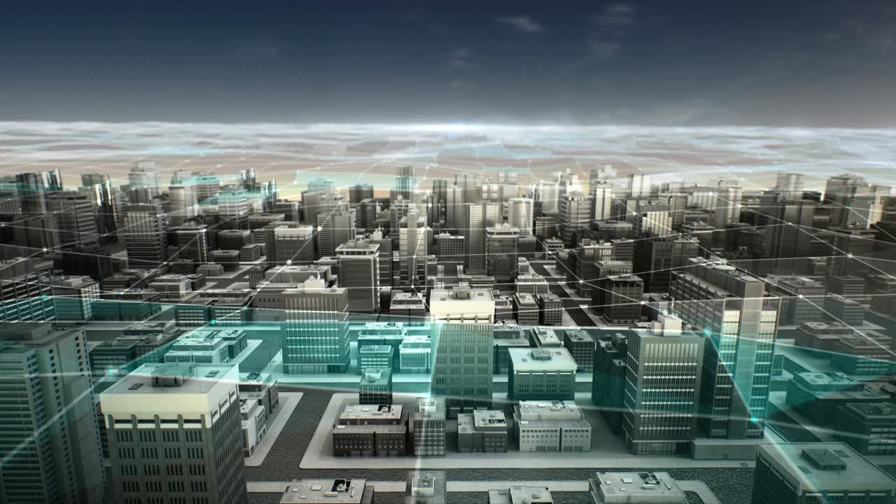스마트 시티의 스마트 센서 아이콘, 미래의 네트워크 연결, iot 기술, 낮과 밤, 공중 전망, 4k 애니메이션
