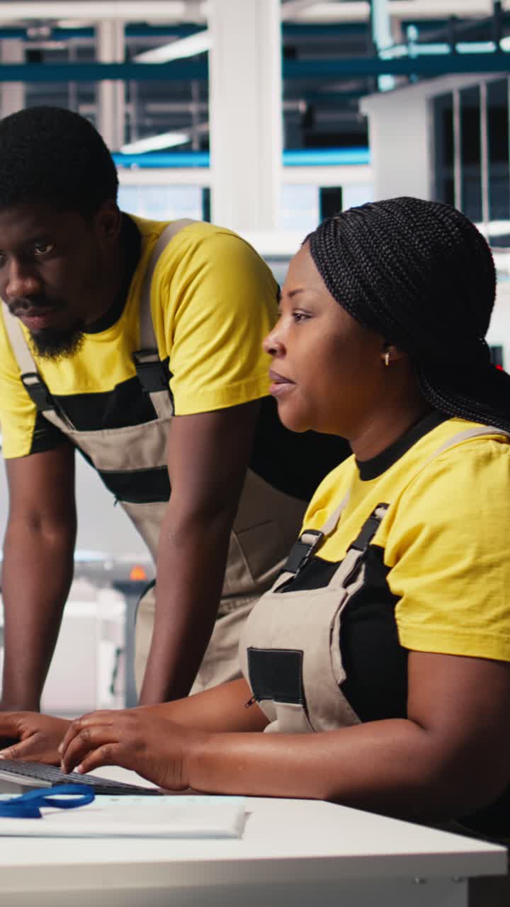Vertical Video Team of black technicians finetuning the solar panels manufacturing at the plant