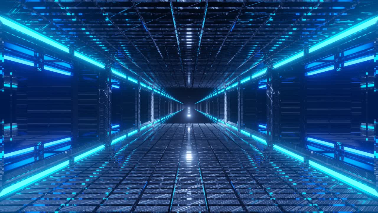 Animation of immersing through long, dark and highly reflective space tunnel, illuminated with blue lights