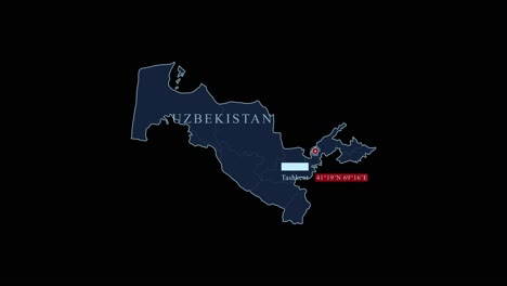 blue uzbekistan map with tashkent capital city and geographic coordinates on black background