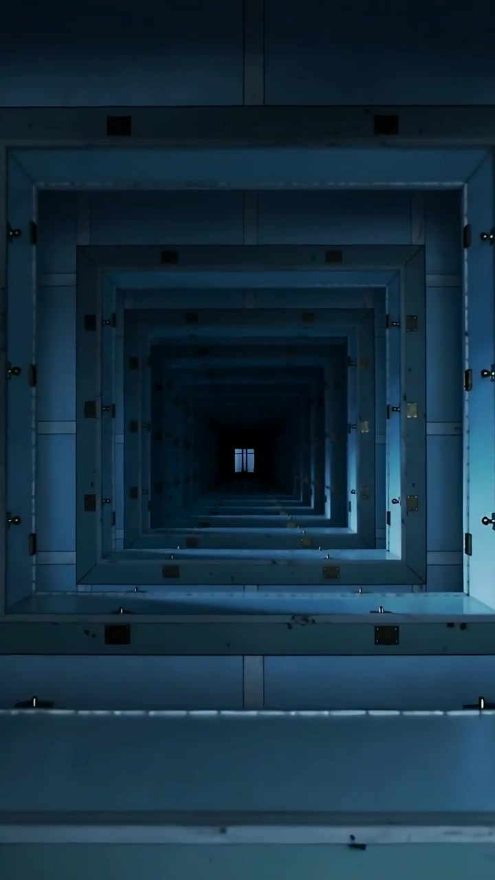 Vertical video: Moving camera showing stair shaft with floating steps, metal handrail, window