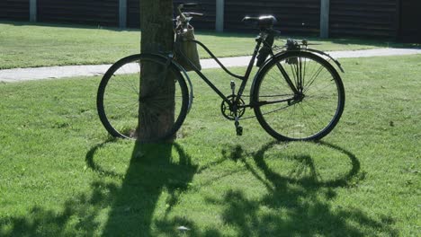 Altes-Rostiges-Fahrrad-Lehnte-Sich-An-Den-Baum