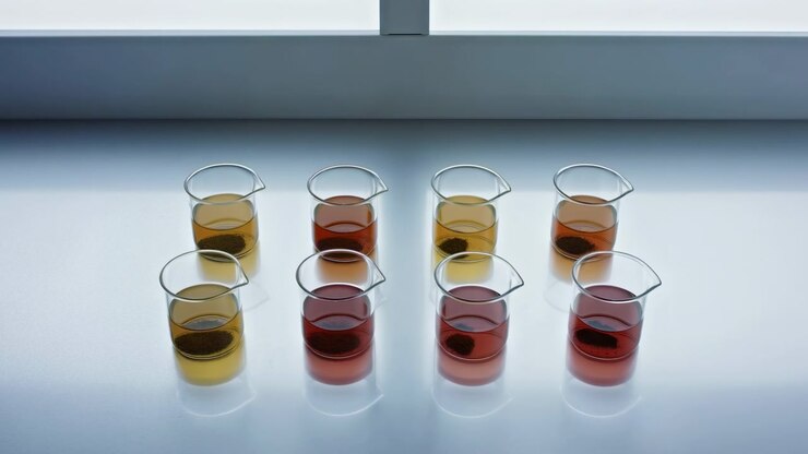 Eight clear glass beakers arranged on reflective white tabletop beneath cool diffuse light, showing visible change from dry green powder to wetted colorful solutions in clean laboratory setting