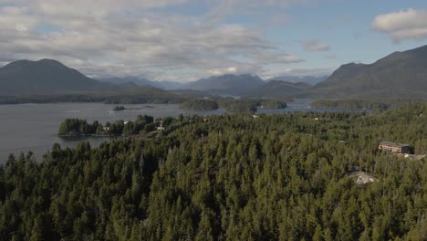 Drone-footage-of-Tofino-near-with-fjord-with-island-on-the-Vancouver-Island-in-BC,-Canada