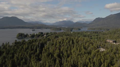 drone footage of tofino near with fjord with island on the vancouver island in bc, canada