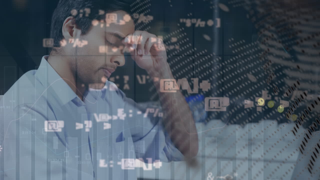 animación del globo y los números sobre empresario biracial usando portátil