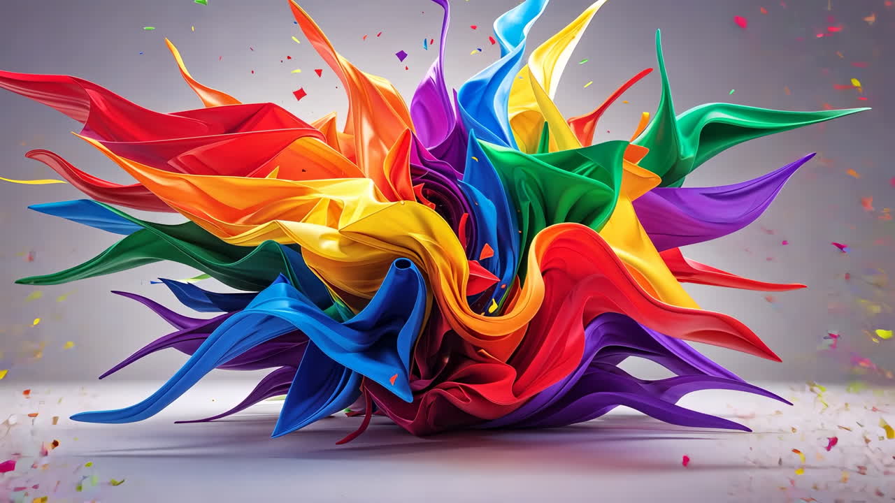 Vibrant Abstract Rainbow Fabric Sculpture with Confetti