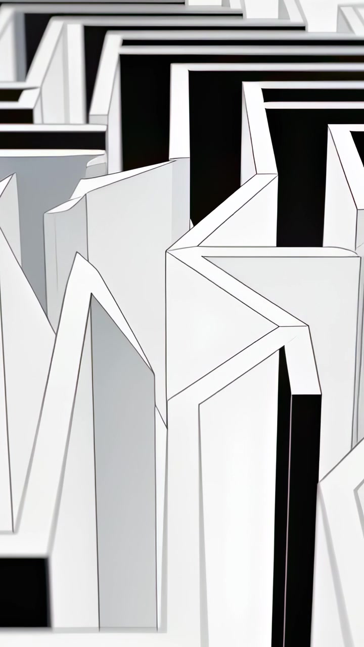 Video verticale: Panoramica della telecamera che rivela pannelli piegati in studio, mostrando geometria in bianco e nero