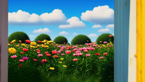 colorful garden through door. a vibrant garden filled with flowers, seen through an open door, inviting people to explore nature's beauty.