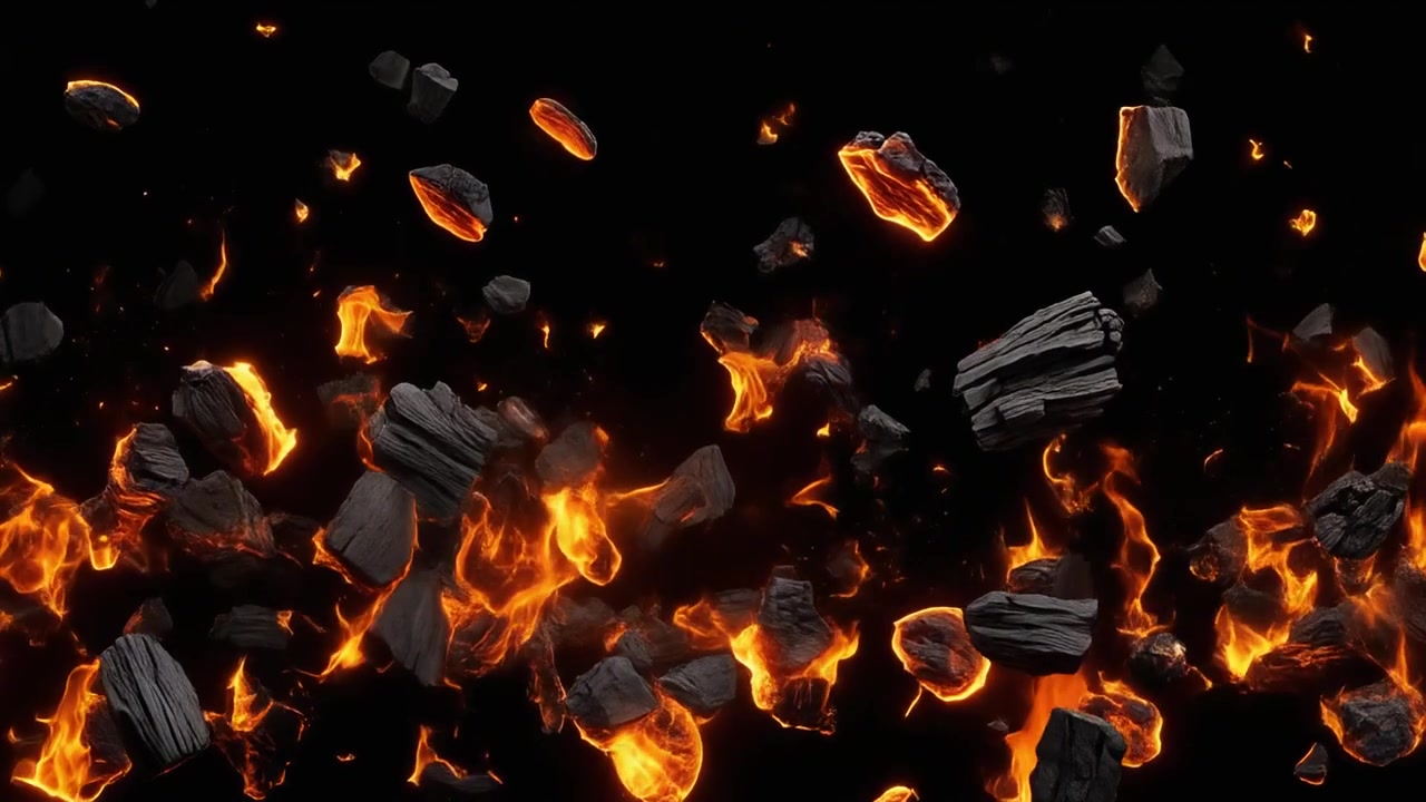 Piezas de carbón encendido flotantes con brasas incandescentes