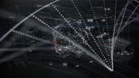 animation of scope scanning and dna strand over cityscape