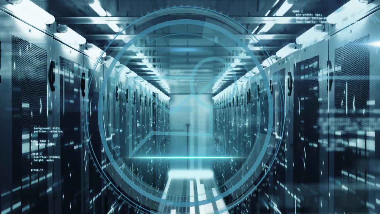 사이버 보안 텍스트 배너, 데이터 처리 및 모자이크 사각형의 애니메이션 서버  ⁇