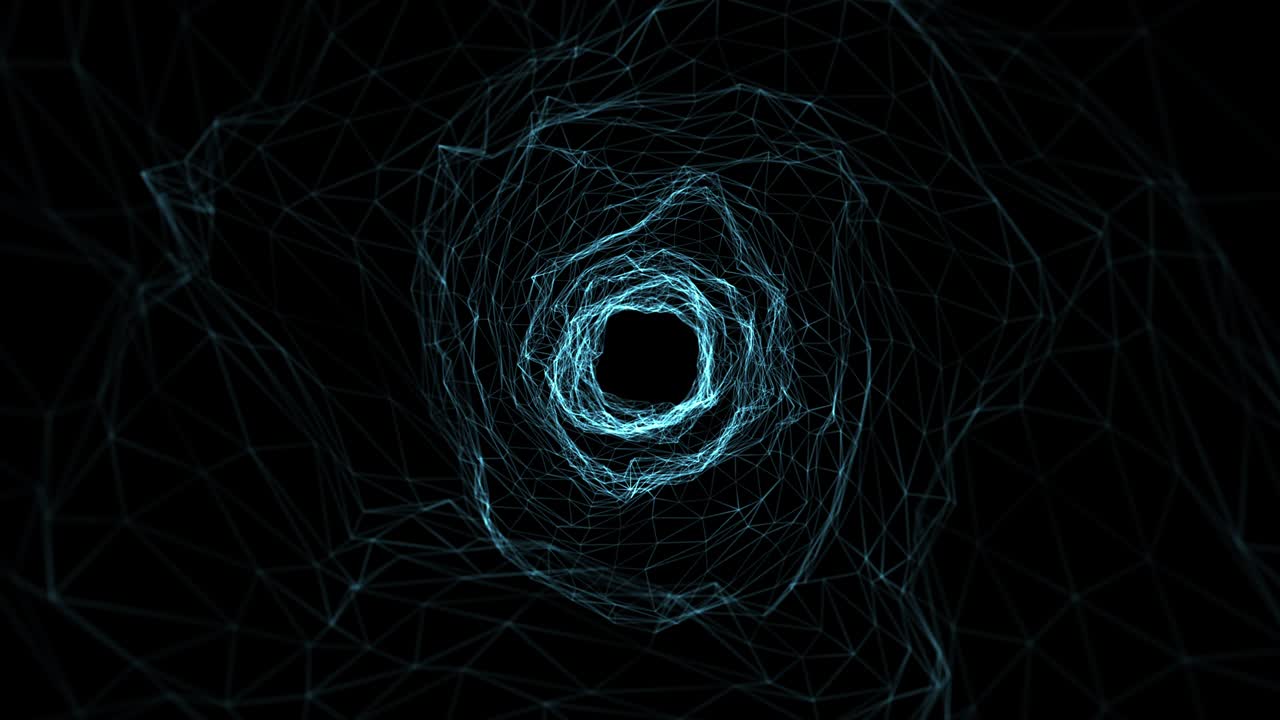 Tunnel with random glowing colors geometric mesh. Flight animation through abstract tunnel