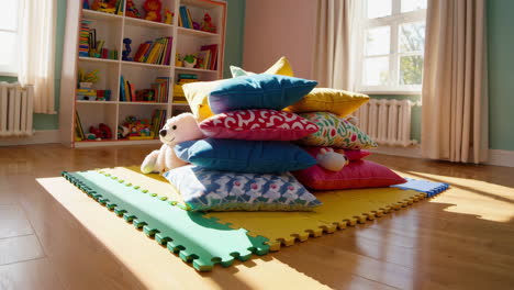 colorful pillows and toys in a playroom