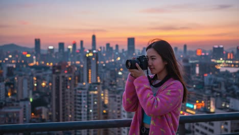 a captivating sunset: a young photographer captures the vibrant cityscape as night falls, showcasing urban beauty through her lens