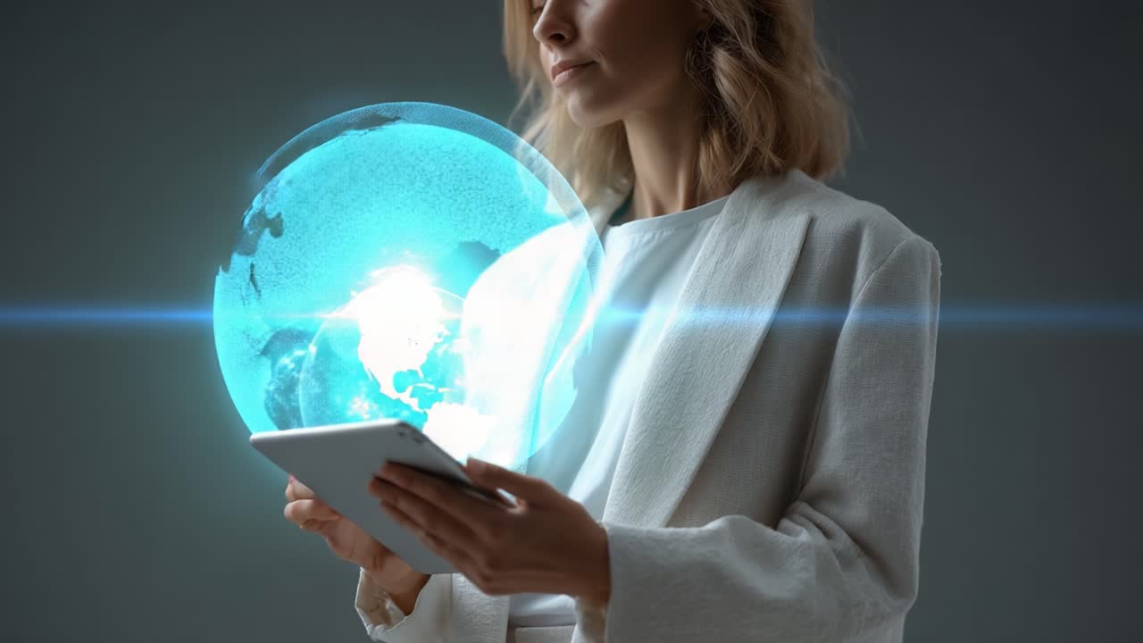 A Modern Woman Engaging with Digital Technology, Holding a Tablet While Displaying a Virtual Globe, Demonstrating Innovation and Connectivity in a Minimalist Setting