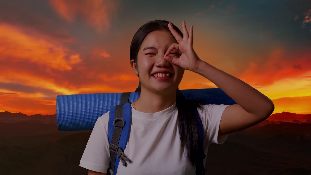 해가 지는 동안 여인 여행자