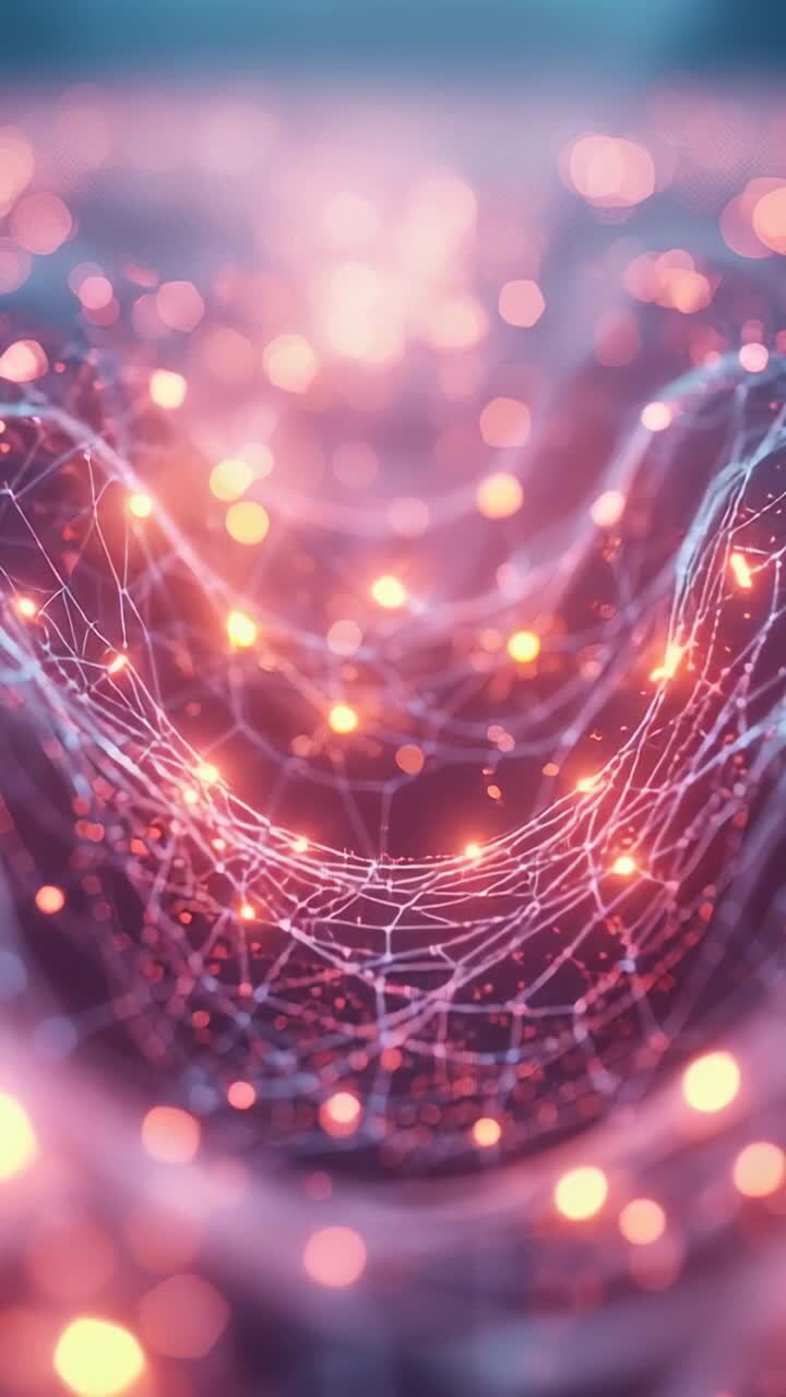 Vertical video: Pushing camera into mesh trough in abstract space, revealing pulsing nodes