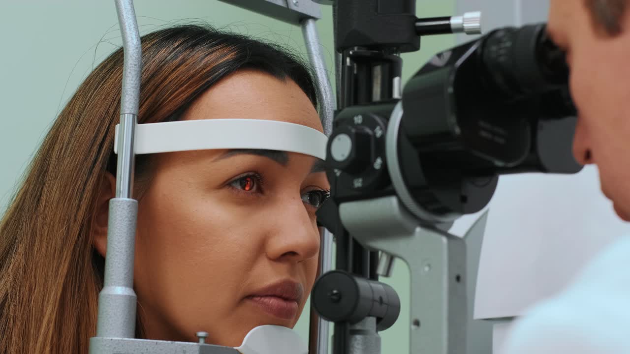 ojos medidos con refractómetro en un óptico u oftalmólogo. oftalmólogo midiendo la presión intraocular de una mujer joven en una clínica