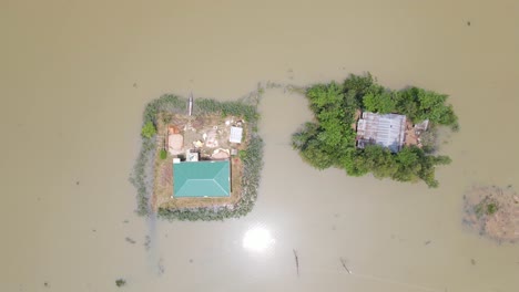 remote houses surrounded by flood water in natural disaster, aerial view in bangladesh village, south asia