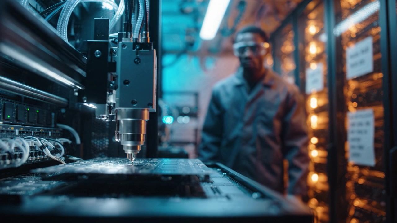 A technician operates high-tech machinery in a modern facility, highlighting intricate processes and precision in electronics manufacturing and product development.