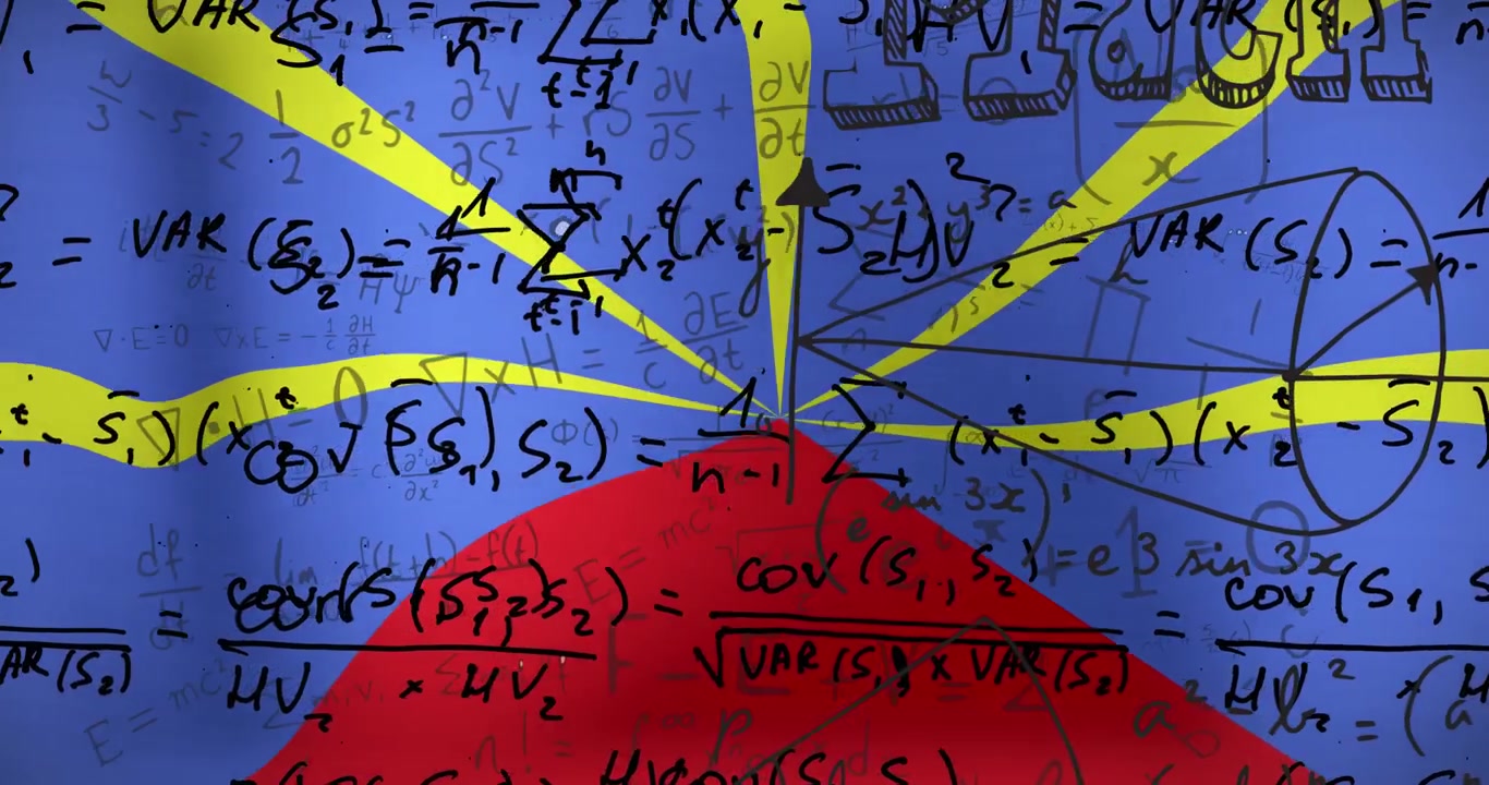 Animazione di equazioni matematiche su una bandiera sventolante della Réunion