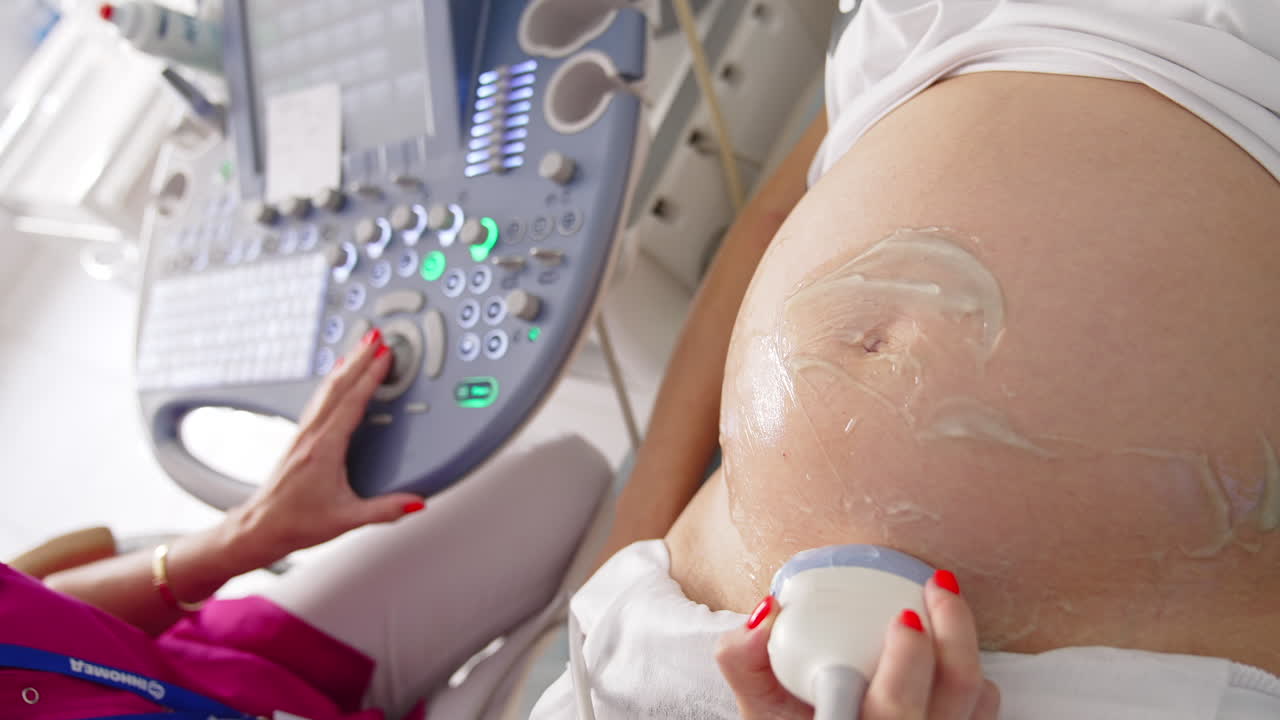 Belly of a pregnant woman during ultrasound. Doctor woman performing an ultrasound procedure on pregnant woman with modern medical equipment. Close-up.