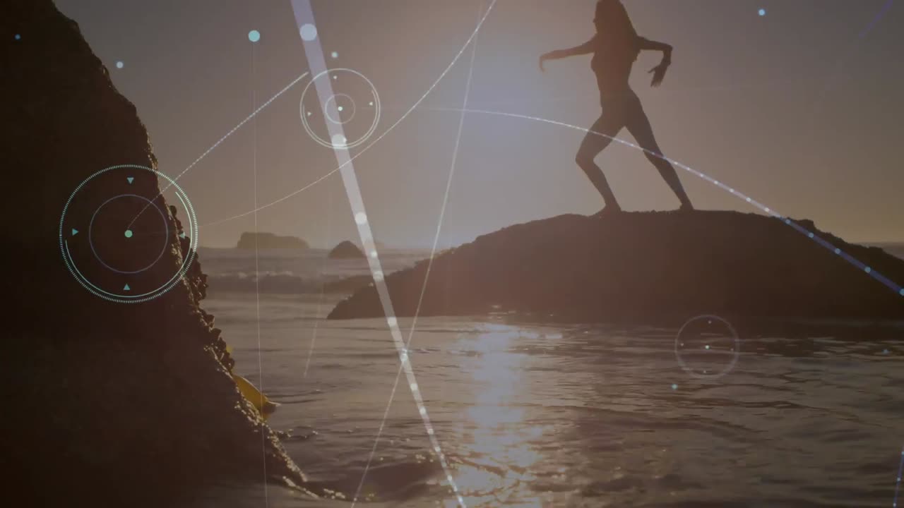 해변에서 요가를 연습하는 백인 여성에 대한 연결 네트워크의 활성화