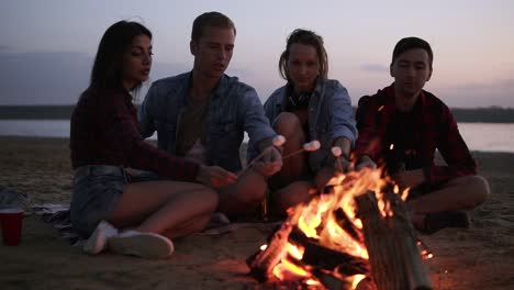 Junge-Und-Fröhliche-Freunde-Sitzen-Am-Wilden-Strand-Und-Braten-Marshmallows-In-Der-Nähe-Des-Lagerfeuers