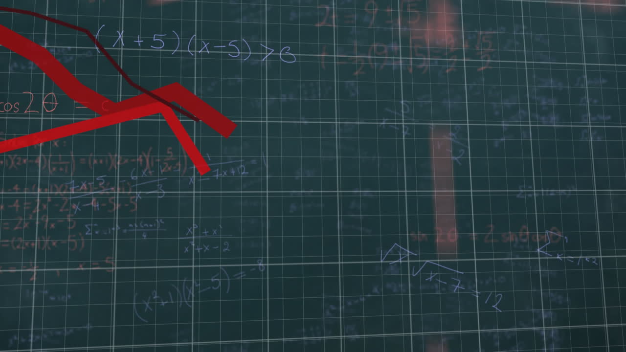 Red graphs moving over grid against mathematical equations