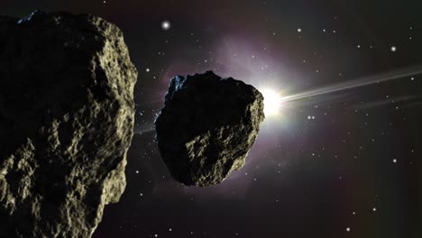 point of view two asteroid rocks floating in space and a bright star