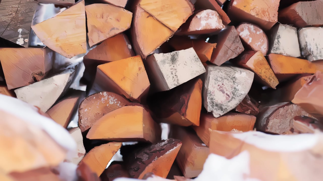 Tight close-up of split logs with frost and snow between pieces in a stacked pile—rural homestead winter prep, old-fashioned heating fuel for cabin or farmhouse.
