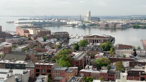 Establishing-shot-of-Fells-Point-at-Baltimore-Inner-Harbor,-Chesapeake-Bay-at-Patapsco-River-in-Maryland,-USA