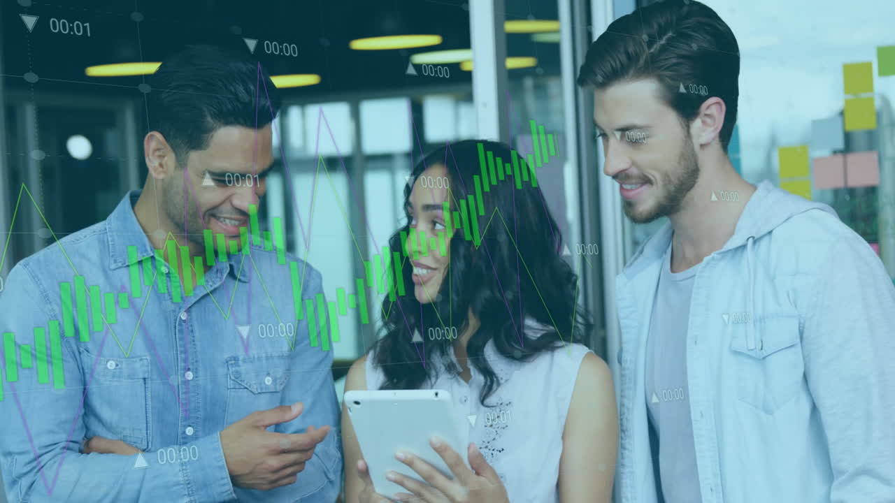 Diverse team discussing data on tablet with financial graph animation overlay