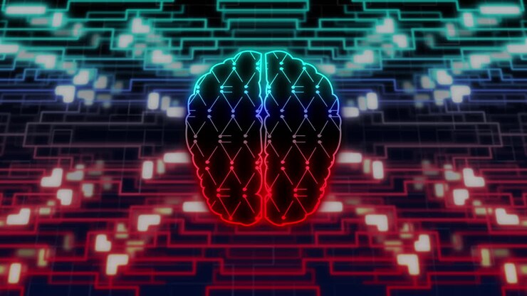Animatie van een digitaal brein over een netwerk van verbindingen en vormen