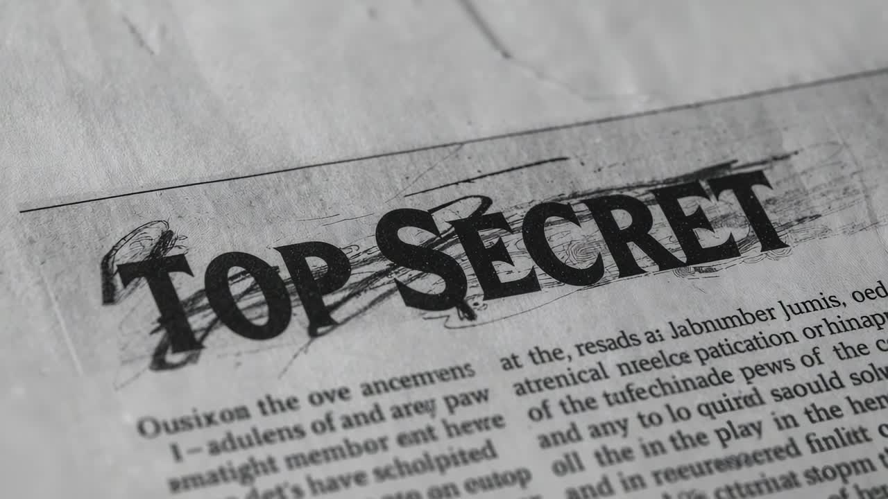 Shifting camera revealing single paper document on desk, clarifying TOP SECRET stamp and scribbles