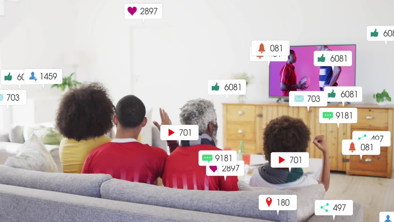 아이콘의 애니메이션과 다양한 가족 데이터 처리가 tv에서 럭비 경기를 지켜보고 있습니다.